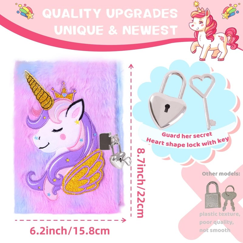 PrinBarBee Unicorn Diary with Lock for Girls Cute Plush Journal Notebook Set for Kid with Stickers Fluffy Secret Notebook for Writing and Drawing Gifts for Girls ages 6-8 - Image 3